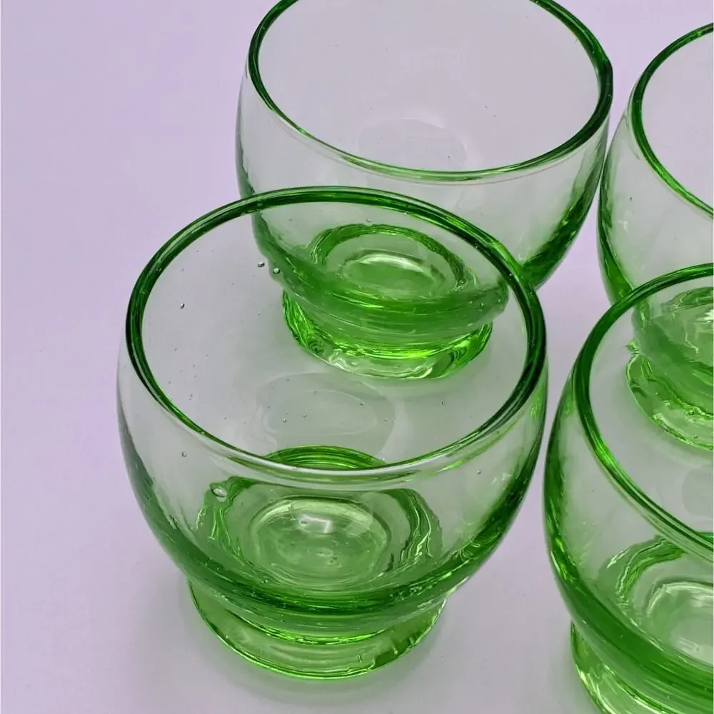 Set of 4 Vintage Green Glass Footed Shot Glasses / Cordials
